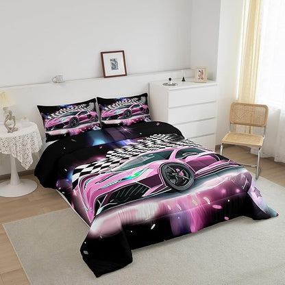 Pink Race Car Bedding Set Full Size,Racing Flag Black White Lattice Duvet Cover with 2 Pillowcases,Extreme Sport Game Comforter Cover for Kids Youths Boys Girls Room Decor,Modern Quilt Cover