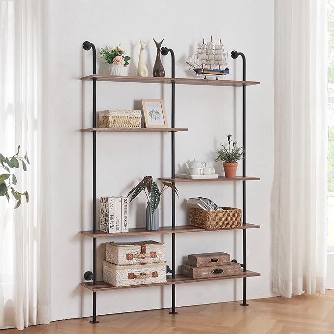 HOMISSUE Industrial Bookshelf 5-Tier Open Wall Mount Ladder Bookshelf, Modern Bookcase with Metal Frame and Wood Style for Home Office, Wall Mounted industrial Iron Pipe Shelf, Oak Brown
