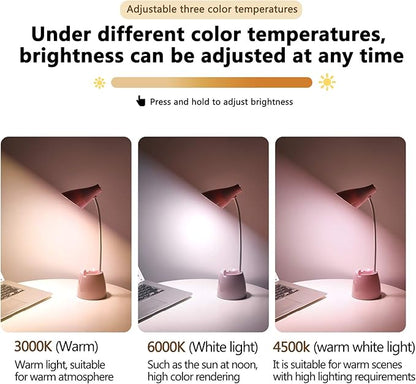 Desk Lamp LED, Desk Lamps with 3 Lighting Modes and Stepless Dimming, Desk Light 360 ° Flexible Gooseneck with Pen Holder & Mobile Phone Stand for Reading Kids Dorm (Pink)