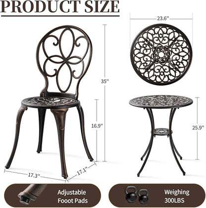 Patio Bistro Sets 3 Piece, Outdoor Bistro Table and Chairs Set of 2 with Umbrella Hole, Cast Aluminum Bistro Set, Patio Furniture for Yard Garden Porch, Bronze