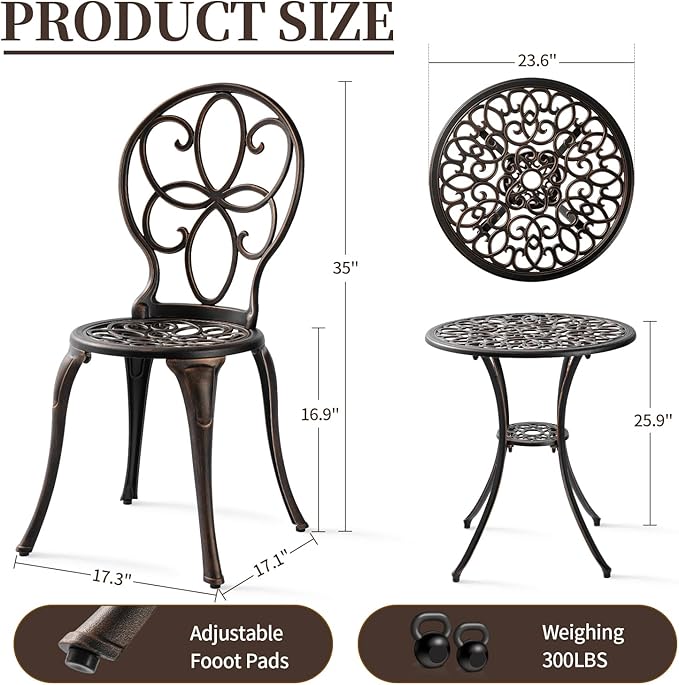 3 Piece Outdoor Bistro Set, Cast Aluminum Bistro Table and Chairs Set, Weather Resistant Patio Metal Bistro Sets, Patio Table Set with Umbrella Hole for Balcony Backyard Garden