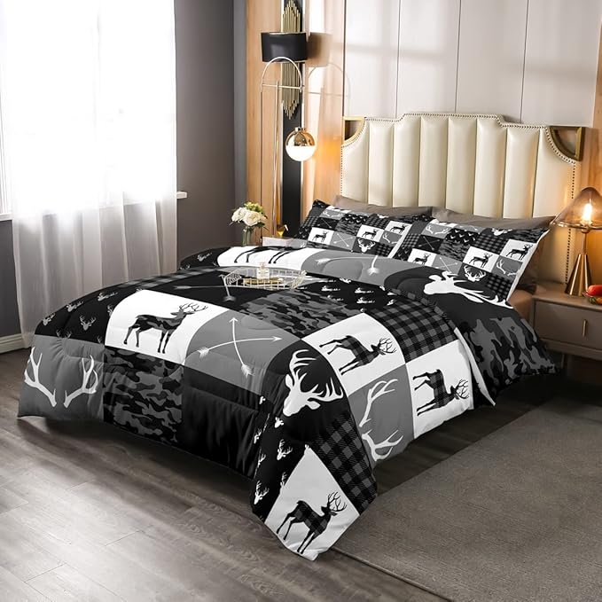 Deer Antler Silhouette Kids Comforter Set Full Size,Geometric Plaids Arrows Boho Bedding Set,Wild Animals Hunting Rustic Adventure Comforter,Camo Black Grey Quilt Set for Boys Girls Room Decor