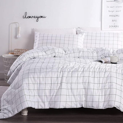 Andency White Grid Comforter Set Full Size (79x90 Inch), 3 Pieces(1 Grid Comforter and 2 Pillowcases), Summer Lightweight Microfiber Down Alternative White Comforter with Black Lines