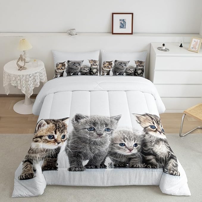 Feelyou Cat Comforter Kids Cute Cat Bedding Set Cartoon Pet Cats Comforter Set for Girls Boys Cute Kitten Room Decor Cat Lovers Kawaii Animal Quilt King Size with 2 Pillow Case Boys