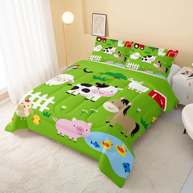 Farm Animal Comforter,Pig Cow Sheep Comforter Set for Kids Teens Girls Boys,3Pcs Bedding Set Printed Comforter with 2 Pillowcases,Down Alternative,Soft and Lightweight，Queen Size