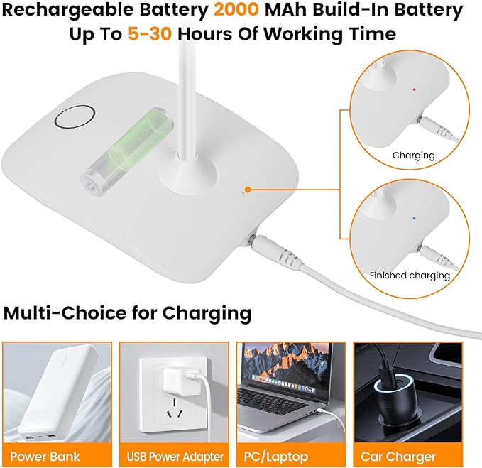 Battery Powered Desk Lamp, Portable Lamps Rechargeable 3 Color Modes Touch Control Stepless Dimming, Wireless Desk Lamp with 2000mAh, Small LED Table Light for Dorm Study Office Bedroom