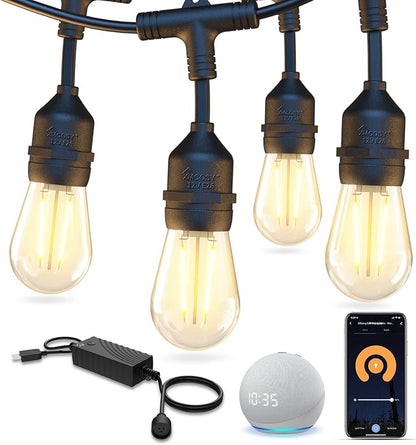 XMCOSY+ Outdoor String Lights, Smart Patio Lights 49Ft, APP WiFi Control, Work with Alexa, Waterproof Dimmable Edison Outdoor Lights for Patio Outside