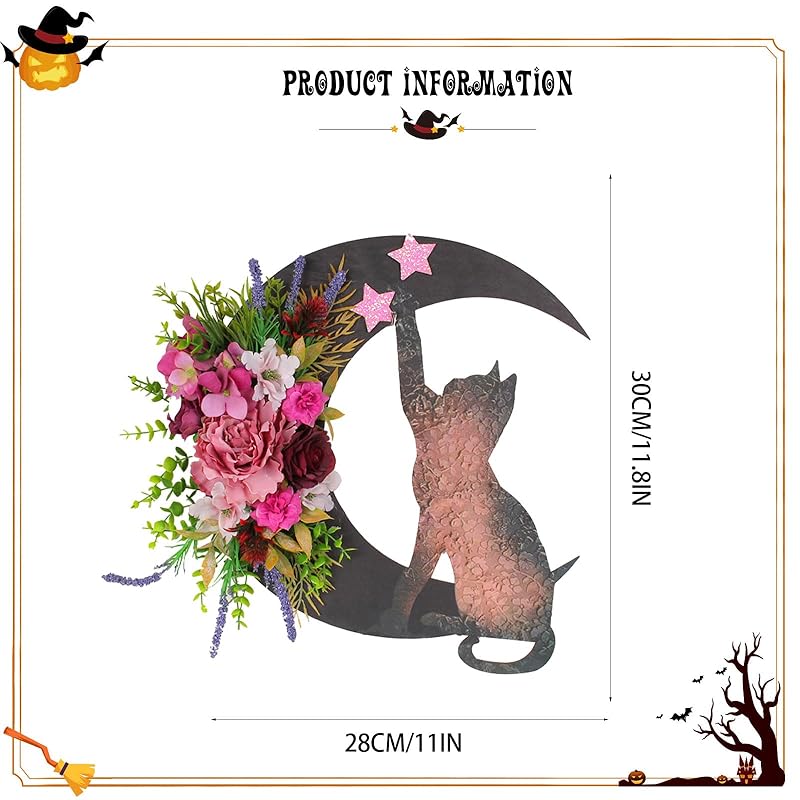 Halloween Wreaths for Front Door with Light, Black Cat Crescent Moon Wreath, Cute Cat Garland Halloween Door Decorations for Outdoor Indoor Decor Wall Window Home Party