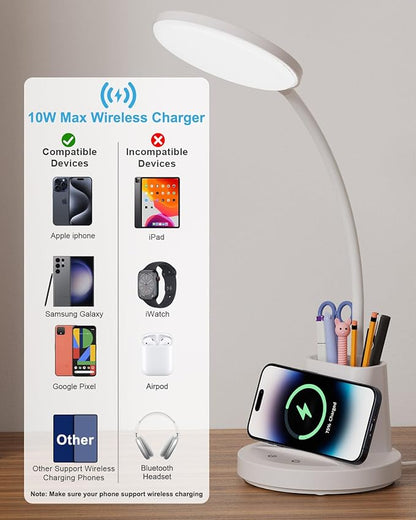 hansang LED Desk Lamp with Wireless Charger for Home Office, Stepless Dimmable, 3 Color Modes, Touch Control White Study Lamp for College Dorm Room, Pen Holder, CRI 90, 800 Lumen, Adapter Included