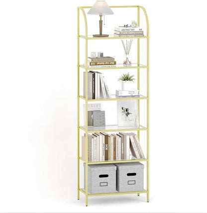 Bookcase Bookshelf, Tempered Glass Arched Bookshelf for More Storage, Slim Shelving Unit for Bedroom, Bathroom, Home Office, Steel Frame, Wide 6 Tier Gold BC22699G