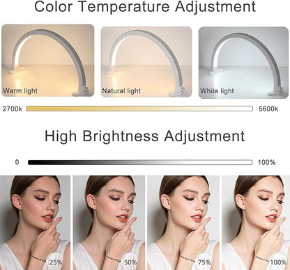 Half Moon Light with Phone Holder, 29 in 48W Nail Desk Lamp, Lash Light for Eyelash Tech, Makeup, Tattoo, Spa, Salon, Nail Tech Lamp with Stepless Dimming & Color Temperature(White)