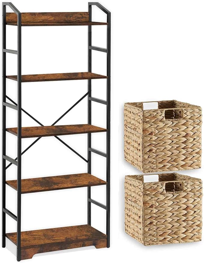 Vagusicc 5 Tier Bookshelf with 2 Storage Baskets, Tall Bookcase Shelf Storage Organizer Wood Book Shelf, Modern Shelf Rack Shelves with Steel Frame, Multipurpose Bookshelf for Bedroom Living Room