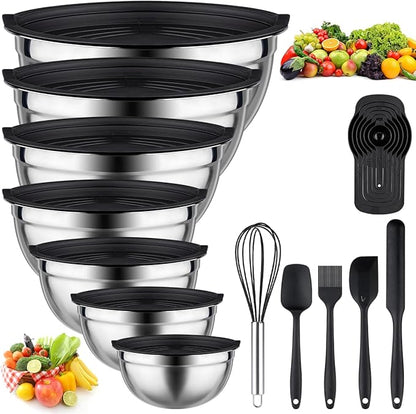 Leidawn Mixing Bowls with Lids set - 25 PCS Stainless Steel Nesting Black Mixing Bowls Set for Baking, Mixing, Serving & Prepping, Size 5, 3.7, 2.8, 2.3, 1.7, 1.1, 0.7QT, 11 Cooking
