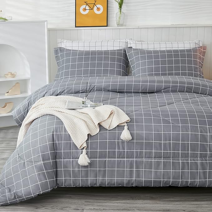 Andency Grey Grid Comforter Set Full Size (79x90 inch), 3 Pieces (1 Grey Comforter and 2 Pillowcases), Summer Lightweight Microfiber Down Alternative Bedding Comforter Sets with White Lines