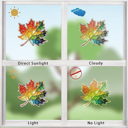 14pcs Window Decals for Bird Strikes, Anti Collision Window Clings, Rainbow Reflection Window Sticker, Maple Leaf Style Sun Catcher Stickers for Glass Windows