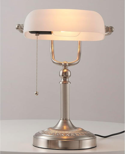 Newrays White Matted Glass Bankers Desk Lamp with Pull Chain Switch Plug in Fixture,Sand Nickel Base