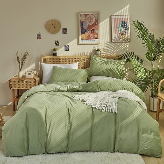 Sage Velvet Comforter Sets Solid Sage Green Flannel Bedding Set 3 Pieces Comforter Set Sage Green Velvet Blanket Warm Winter Bedding Set Women Sage Green Velvet Bed Comforter Set Queen Size