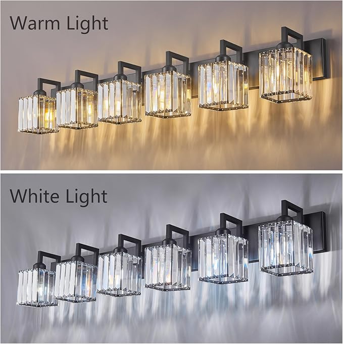 Modern Crystal Bathroom Vanity Light 6-Lights Black Modern Crystal Wall Lamp Bathroom Modern Crystal Vanity Lighting