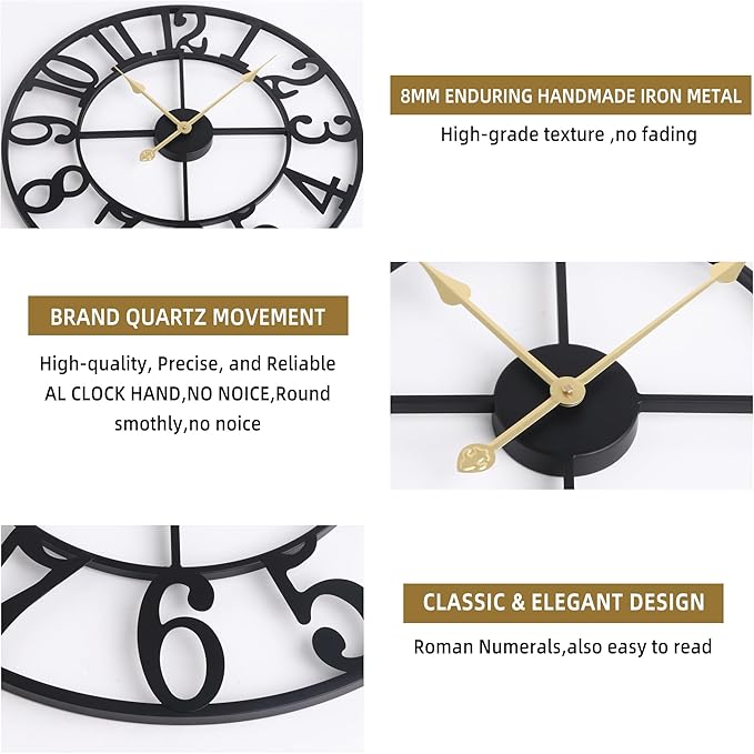 Large Wall Clock for Living Room Decor - 100cm/ 40 Inch Nearly Silent Non-Ticking Metal Wall Clocks Battery Operated, Vintage Decorative Modern Wall Clock for Bedroom, Office, Farmhouse Decor