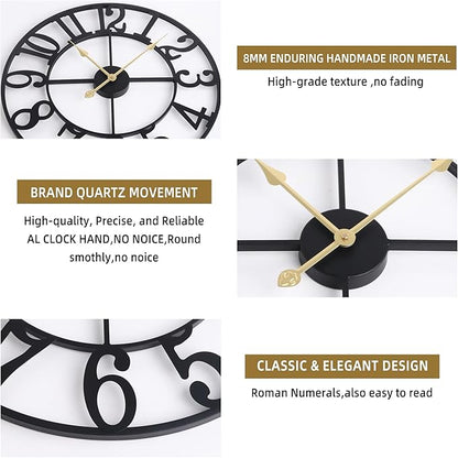 Large Wall Clock for Living Room Decor - 100cm/ 40 Inch Nearly Silent Non-Ticking Metal Wall Clocks Battery Operated, Vintage Decorative Modern Wall Clock for Bedroom, Office, Farmhouse Decor