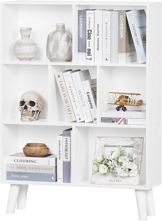 YAHARBO Pure White Bookshelf,3 Tier Book Shelf with Legs, 7 Cube Simple Bookcase,Storage Organizer Shelves Display Bookcases for Bedroom,Living Room