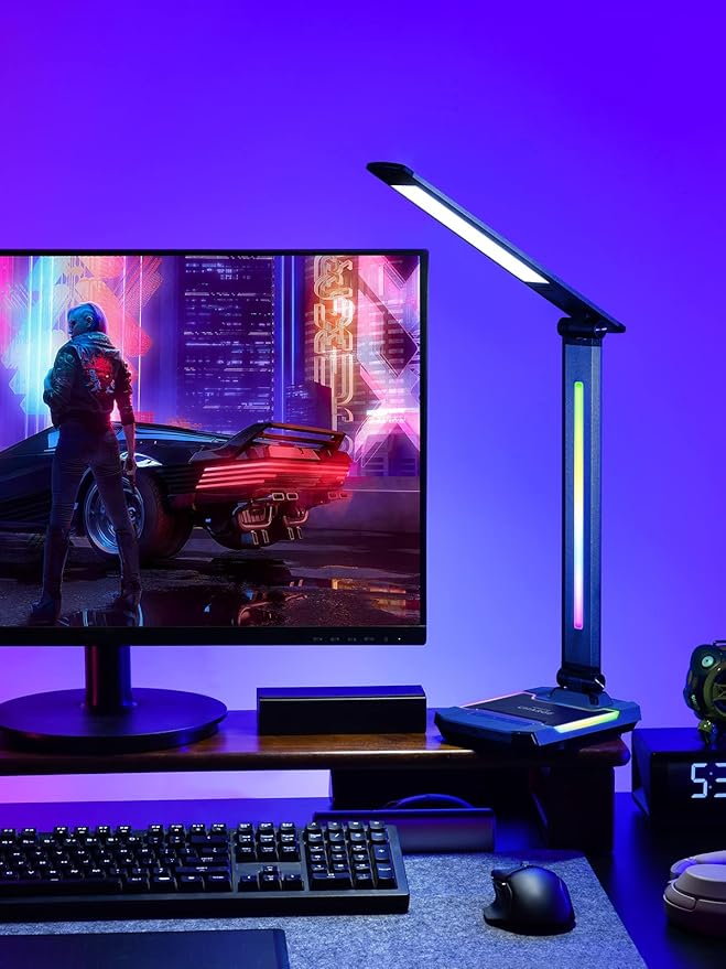 WILIT LED RGB Gaming Desk Lamp, Voice Activated Changing Colors Rhythm Light with Wireless Charger and USB Charging Port, Colorful Ambient Light Touch Table Lamp for Gaming, PC, Room Decoration