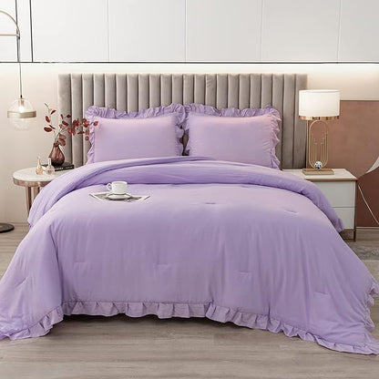 Andency Lavender Ruffle Comforter Full(79x90Inch), 3 Pieces(1 Ruffled Comforter and 2 Pillowcases) Solid Farmhouse Shabby Chic Comforter, Vintage Rustic Soft Microfiber Bedding Set