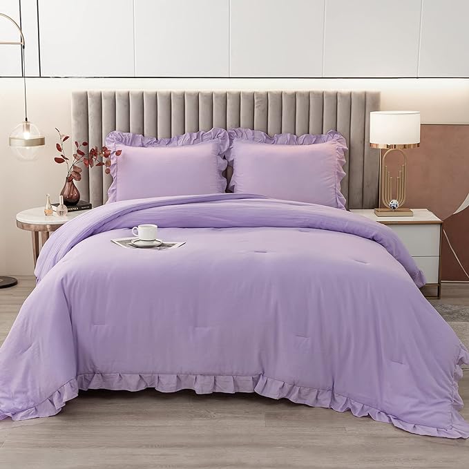 Andency Lavender Ruffle Comforter Queen(90x90Inch), 3 Pieces(1 Ruffled Comforter and 2 Pillowcases) Solid Farmhouse Shabby Chic Comforter, Vintage Rustic Soft Microfiber Bedding Set