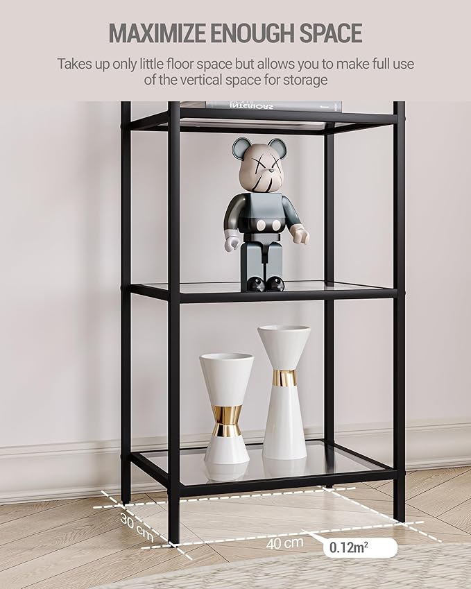 Bookcase Bookshelf, Tempered Glass Bookshelves, Slim Shelving Unit for Bedroom, Bathroom, Home Office, Steel Frame, 4 Tier Black BC04001B