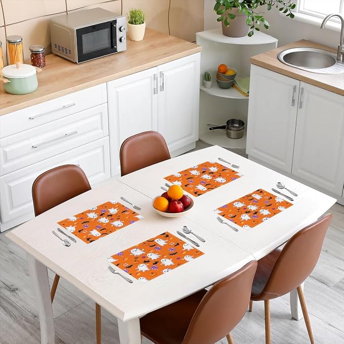 Feelyou Happy Halloween Placemats Set of 4 Cute Ghost Pumpkin Table Mats for Party Kitchen Dining Decoration Holiday Seasonal Orange White Purple Place Mat for Dinner Table Indoor Outdoor 18"x12" Bats