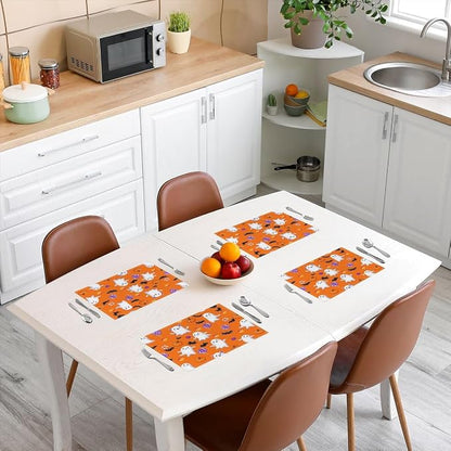 Feelyou Happy Halloween Placemats Set of 4 Cute Ghost Pumpkin Table Mats for Party Kitchen Dining Decoration Holiday Seasonal Orange White Purple Place Mat for Dinner Table Indoor Outdoor 18"x12" Bats