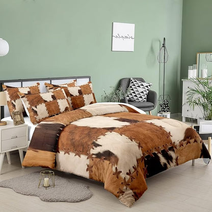 Tailor Shop Brown Cow Print Comforter Set Queen, Farmhouse Cow Print Bedding in A Bag, Leather Stitching Rustic Cowhide Comforter with 2 Matching Pillowcases Bedroom Decor………