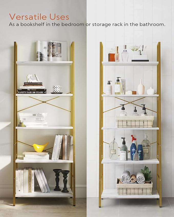 Yusong Ladder Shelf, 5-Tier Bookshelf Wood Bookcase for Living Room, Industrial Book Shelves, Tall Storage Display Rack Plant Stand for Bedoom, Home Office, Gold Metal Frame and White Marble Plank