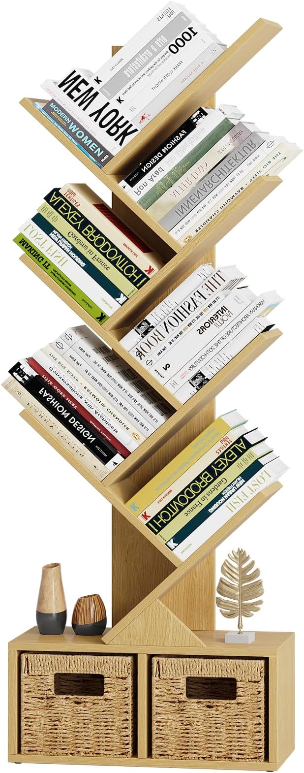 Vagusicc 6 Tier Tree Bookshelf - Retro Shelf Floor Standing Bookcase with Baskets, Tall Wood Book Storage Rack for Books/CDs, Tree Utility Book Organizer Shelves for Living Room, Home Office, Bedroom