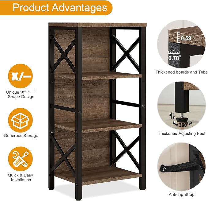 Bookcase, Industrial Small Bookshelf,4-Tier Narrow Bookcase Storage Organizer, Small Book Shelf for Small Spaces, Living Room, Bedroom and Home Office, Brown