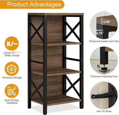Bookcase, Industrial Small Bookshelf,4-Tier Narrow Bookcase Storage Organizer, Small Book Shelf for Small Spaces, Living Room, Bedroom and Home Office, Brown