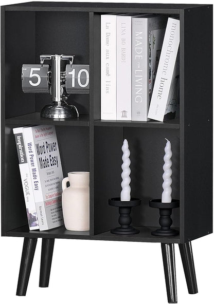 YAHARBO 4 Cube Black Bookshelf, Small Black Narrow Book shelf, 3 Tier Modern Bookcase with Legs,Bookshelves Wood Storage Shelf, Rustic Book Shelves Cube Organizer, Display Bookcase