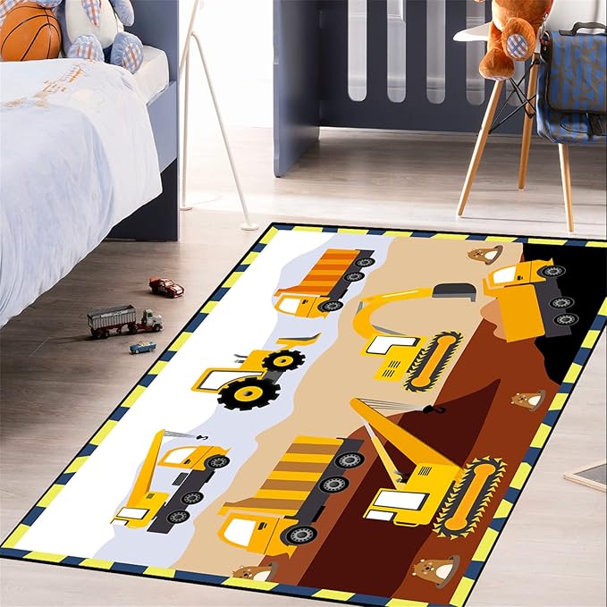 Construction Rug for Boys Room (3'×4', Low Pile, 1.4 pounds, Handmade, Car Play Mat, Indoor)