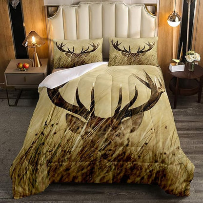 Antler Comforter Set King, Whitetail Deer Down Comforter, Stag Quilted Duvet, Countryside Rural Hunting Theme Comforter Set for Christmas Decorations Bedroom Decor All Season, Ultra Lightweight