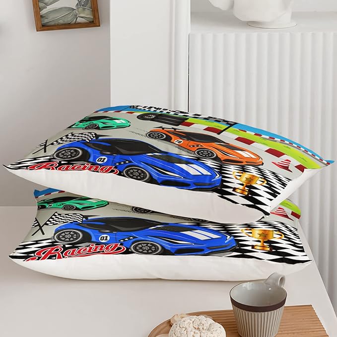 Axolotl Racing Car Bedding Set Twin,Cool Speed Race Car Down Comforter for Kids Boys Girls Teens,Racing Car Comforter Set Car Theme with Three Cars Arrive at Finish,1 Comforter and 2 Pillowcases