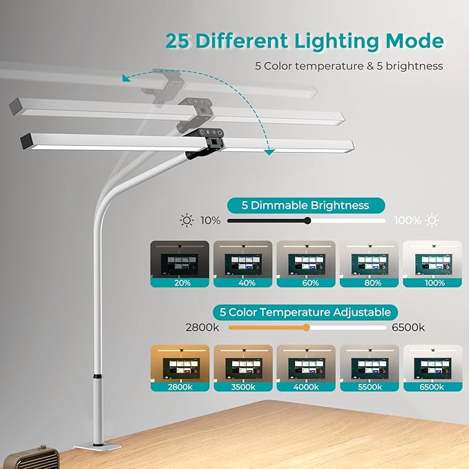 Led Desk Lamp for Office Home, Eye Caring Architect Desk Light with Clamp, Double Head 24W Ultra Bright Table Lamp with Remote Control, 5 Color Modes Flexible Gooseneck Lamp for Reading Study White