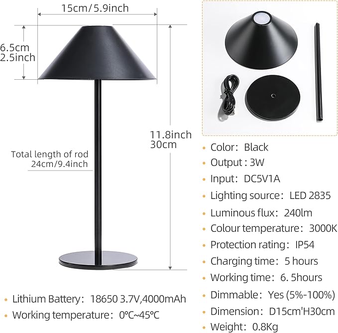 oneleaf Cordless Table Lamp, Modern LED Rechargeable Battery Touch Desk lamp,Night Light, Metal Shell,Minimalist Design, for Couple Dinner/Coffee Table/Restaurant/Bedroom/Camp-Black