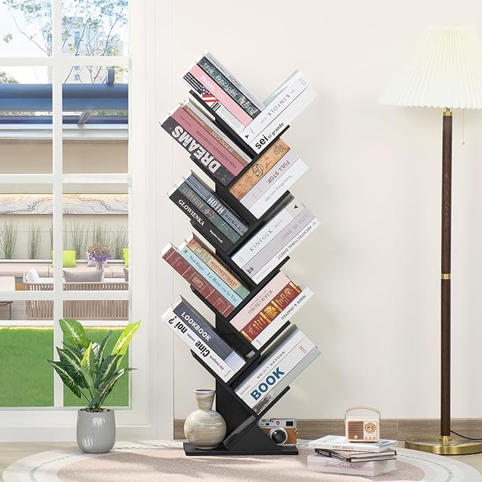 10 Tier Tree Book Shelf, Floor Standing Wood Bookshelf for Narrow Space, Storage Organizer Bookshelves for Books/CDs/Magazine, Bookcase with Shelves for Home Office, Living Room - Black