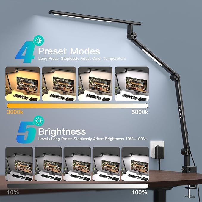 LED Desk Lamp, Desk Light for Home Office, Dual Light Source 18W Brightest, Eye-Caring Optical Lens, Office Lamp, 5 Color Modes & Brightness, Aluminum Alloy Drafting Light, Clamp Lamp, Black
