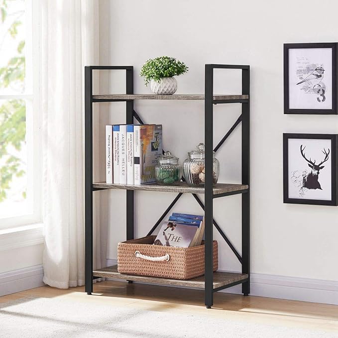 BON AUGURE 3 Tier Bookshelf, Small Rustic Book shelf, Short Industrial Wood Metal Standing Bookcase Etagere for Office, Bedroom and Living Room (Dark Gray Oak)