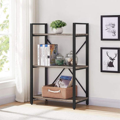 BON AUGURE 3 Tier Bookshelf, Small Rustic Book shelf, Short Industrial Wood Metal Standing Bookcase Etagere for Office, Bedroom and Living Room (Dark Gray Oak)