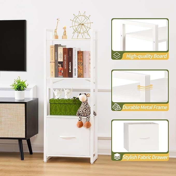 Yoobure Bookshelf, 4 Tier Book Shelf with Drawer, Small Bookcase Narrow Book Case, Industrial Bookshelves Shelf for Bedroom Living Room Office, Book Storage Organizer for CD/Movie White