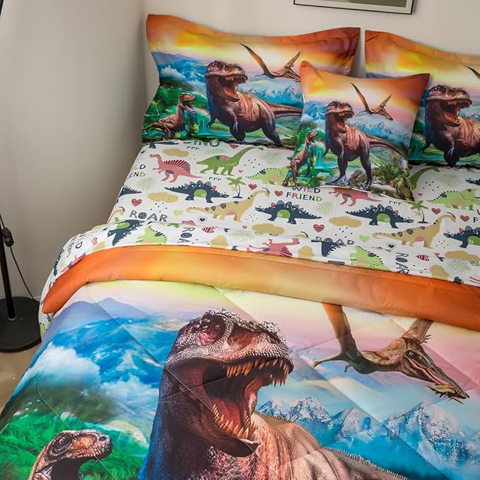 ADASMILE A & S Dinosaur Comforter Full Size for Boys Dinosaur Bedding Set for Kids 6 Pieces Dinosaur Comforter Set with Sheets Bed in A Bag T-Rex Dinosaur Comforter and Sheets Set for Home Decor