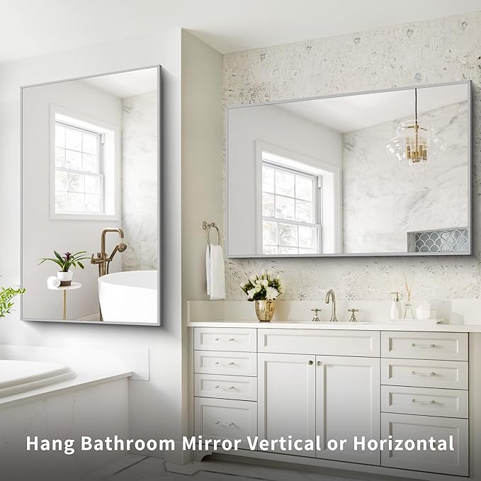 36x55inch Bathroom Mirror, Silver Rectangle Mirror with Thin Metal Frame, Large Rectangular Wall Mirrors for Bathroom, Living Room, Hair Salon, Big Mirror Hang Horizontal/Vertical