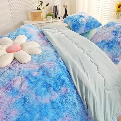 Faux Fur Kids Girls Blue Rainbow Comforter Sets Queen - 3PC Bed Set Warm Comfortable Soft Plush Flannel Velvet Fluffy Fuzzy Bedding（Comforter x 1 Pillowcases x 2）